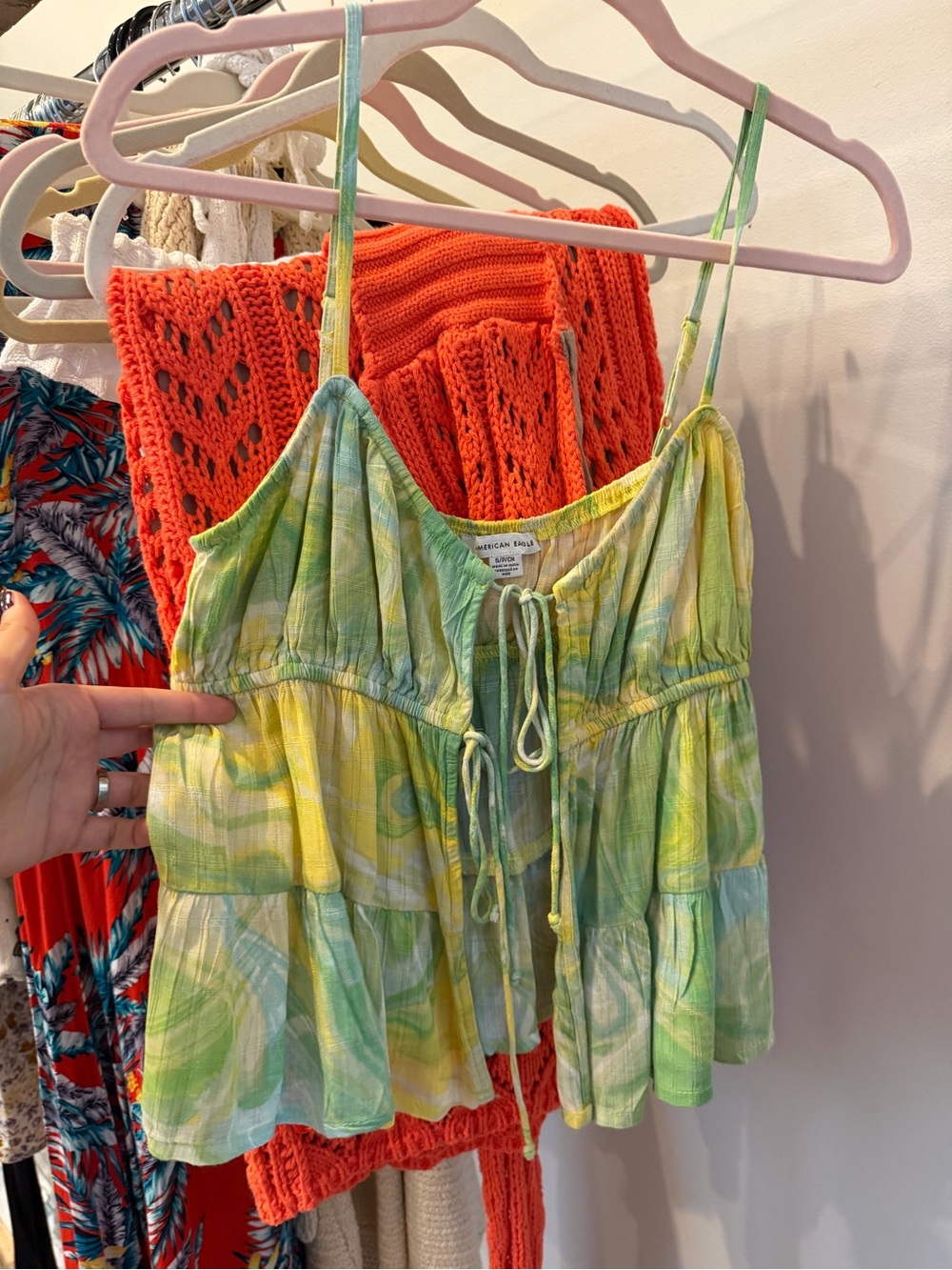 American Eagle Outfitters Green and Yellow Tie-Front Tiered Camisole
